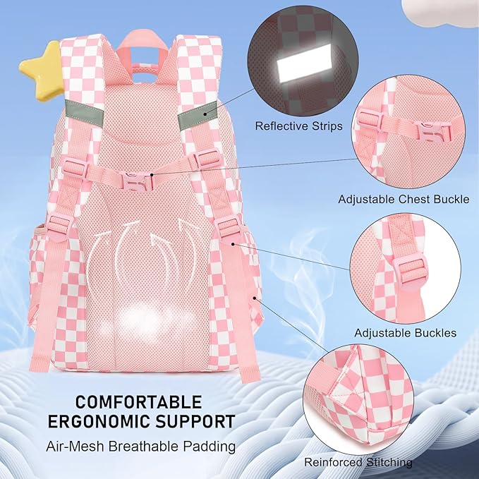 Girls School Backpack Set - Teens Kids School Bag Bookbag with Lunch Box Pencil Case for Elementary Middle School (Checkered Pink)