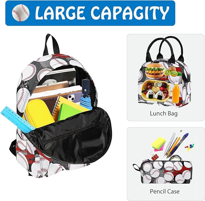 Baseball 3PCS Backpack for Boys Girls, Kids Back to School Backpack Sets with Lunch Bag Pencil Case, 17 Inch Lightweight Bookpack 3 in 1 Set for Teens Elementary Middle High School Students