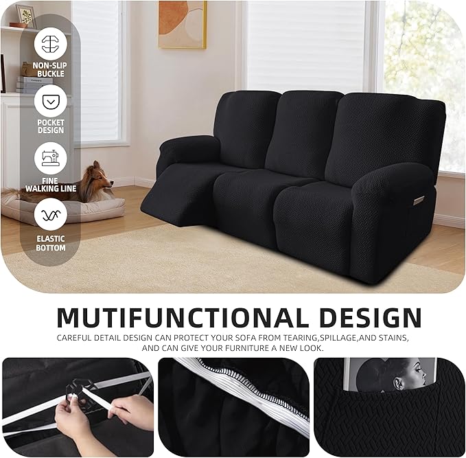 Genina Recliner Sofa Covers - Stretch Reclining Couch Covers with Stripe Jacquard - 3 Seat Cushion Slipcovers with Soft Fabric - Furniture Protector for Pet Kid (Black)