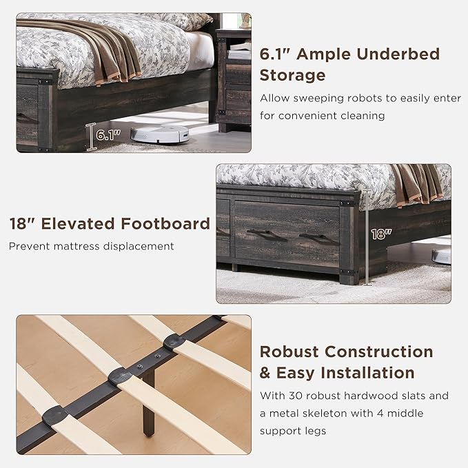 RedLemon Farmhouse King Size Bed Frame w/ 54" Tall Geometric Headboard, Rustic Wood Platform Bed w/ 2 Large Storage Drawers, Wood Slats Support, Noise Free, No Box Spring Needed,Dark Rustic Oak