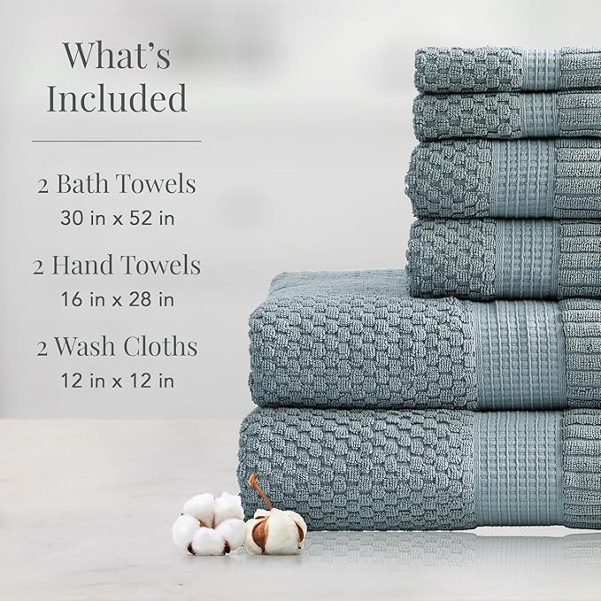 NY Loft 100% Cotton Towel Set 6 Piece | Super Soft & Absorbent Quick-Dry 2 Bath Towels 2 Hand Towels & 2 Washcloths | Textured and Durable Cotton | Premium Thick Towels | 6 Piece Set, Stormy Sea