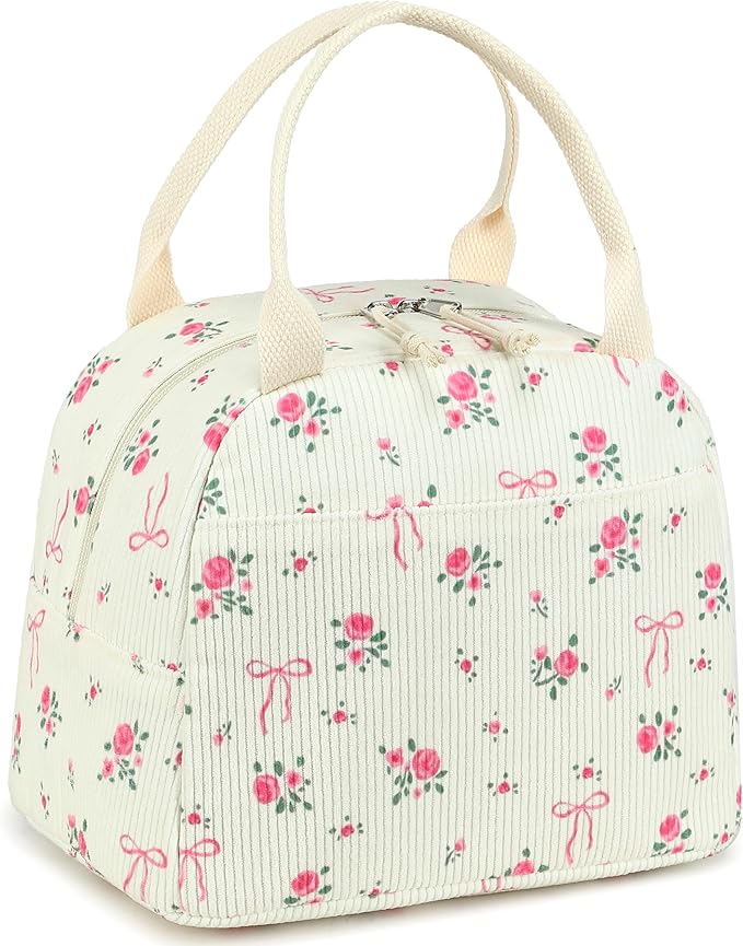 LEDAOU Lunch Box for Women Insulated Lunch Bag Corduroy Lunch Tote Bags Leakproof Cooler Lunch Case for Travel Work Picnic (Bow Floral)