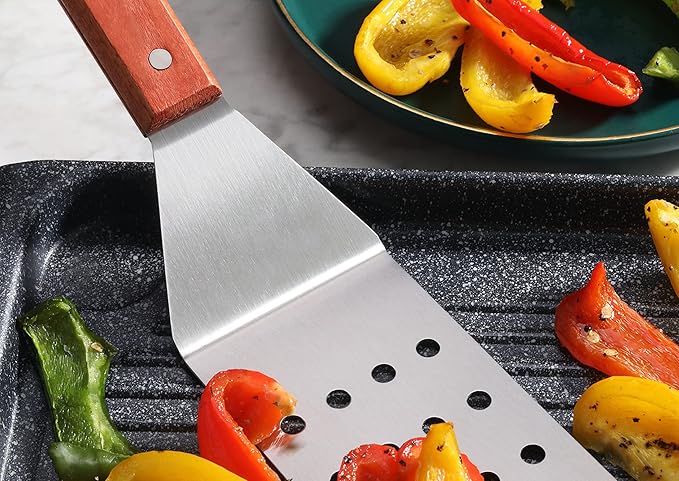 New Star Foodservice 14.5 Inch Perforated Flexible Grill Turner, Stainless Steel Spatula with Wood Handle for Griddle, Flat Top, Grill, and Restaurant Use