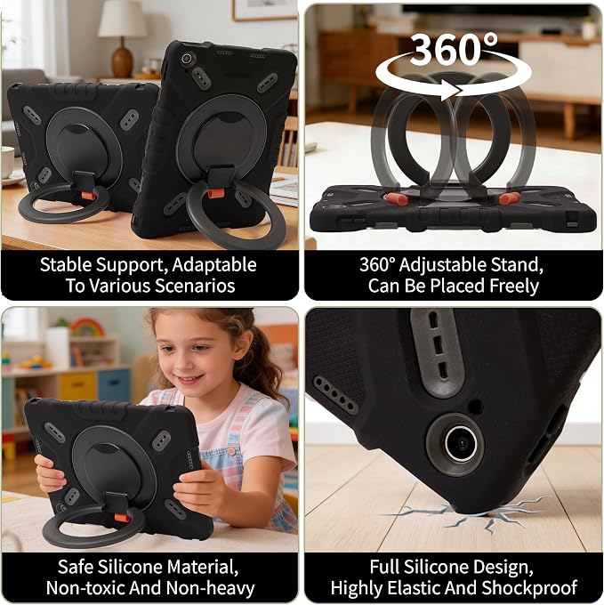 Pepkoo Triple Shock-Absorbing Protective Case for iPad (A16) 11th/10th Gen | Comfortable Heavy-Duty Kids Protective Case With Tactile Sensation With Handle Shoulder Strap (Black)