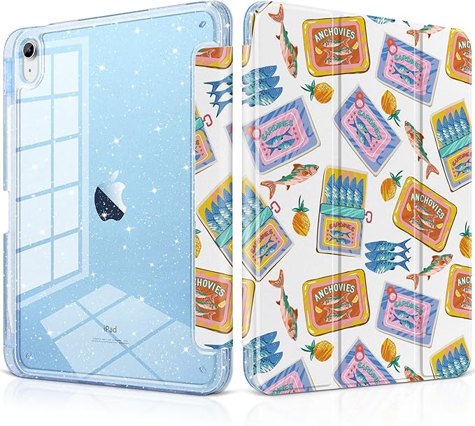 MEEgoodo Case for iPad A16 11th Generation 2025/10th Generation 2022 Glitter Tablet Cases with Transparent Acrylic Back+Trifold Stand +Pencil Holder+Auto Wake/SleepAbstract Sun &amp Palm Tree