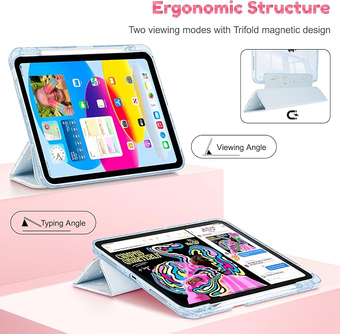 for iPad Air 11 inch M4/M3/M2 (2026/2025/2024) iPad Air 5th/4th Gen (2022/2020) 10.9 inch with Pencil Holder Glitter Clear Pretevtive Cover Auto Wake/Sleep Black Cartoon Stickers
