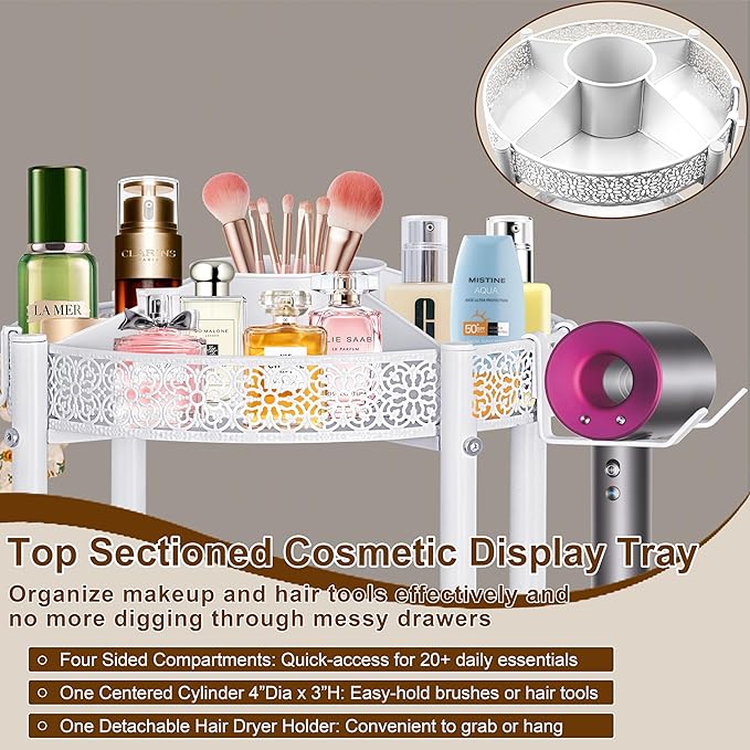 Makeup Organizer Cart with Hair Dryer Holder, 3-Tier Round Rolling Makeup Cart, Small Space Floor Vanity Organizer Cosmetic Display Cases for Skin Care Perfume Nail Polish Brush Tools, White