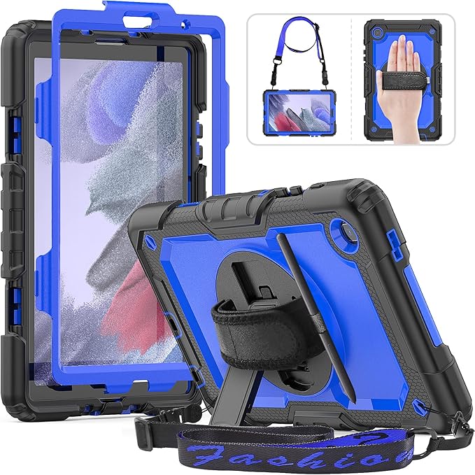 HXCASEAC Case for Samsung Galaxy Tab A7 Lite, Protective with Screen Protector/Hand Strap/Pen Holder, Sturdy A7 Lite Tablet Case, SM-T220 SM-T225 SM-T227, Blue