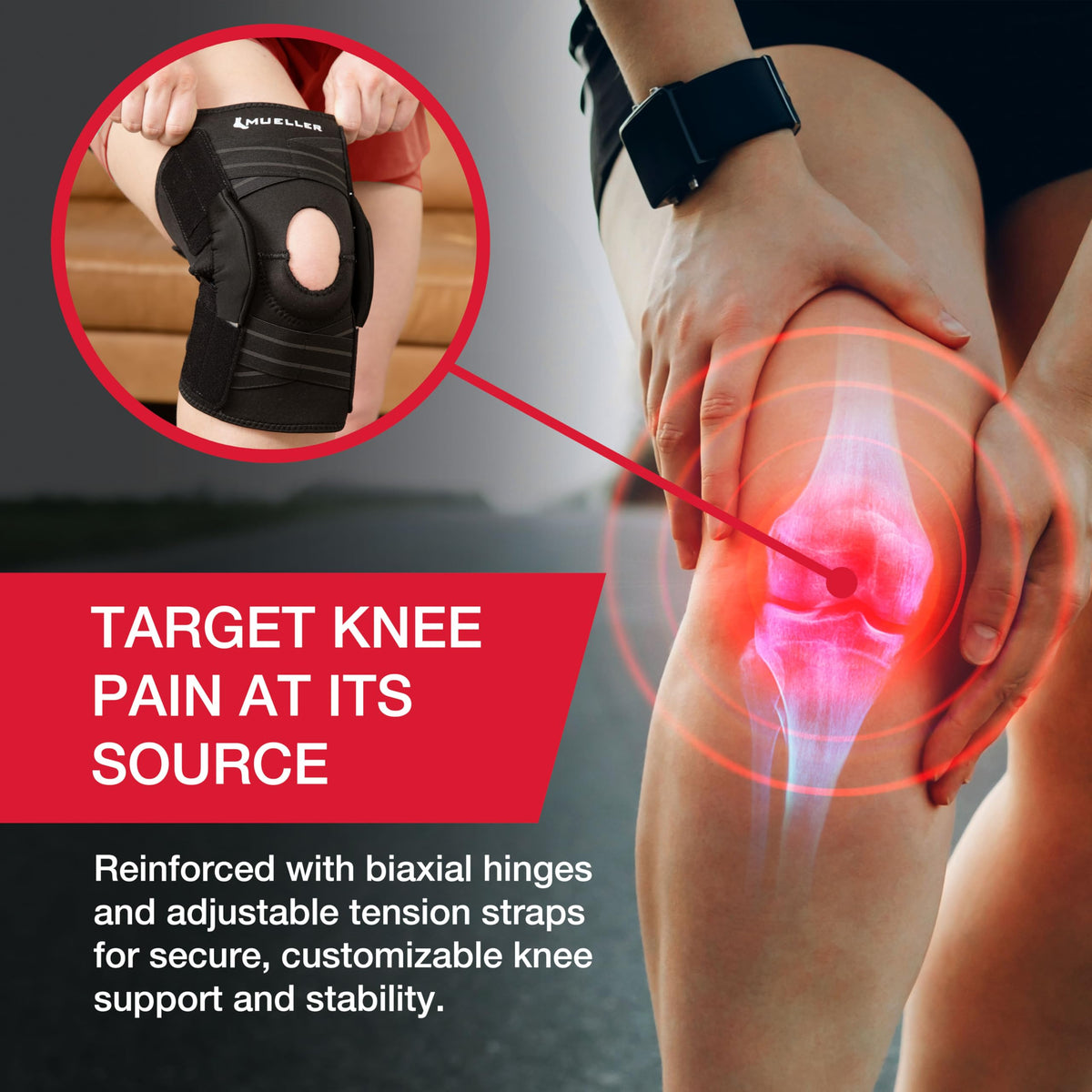 MUELLER Sports Medicine Self Adjusting Hinged Knee Brace for Men and Women, Knee Stabilizer for Compression and Pain Relief Support, Ideal for Arthritis, Sprains, Black, One Size