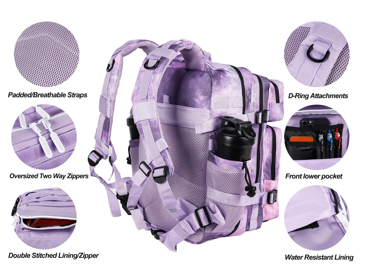 LHI Tactical Military Backpack for Men and Women 25L Army Assault Pack Bag Large Rucksack with Molle System-light purple