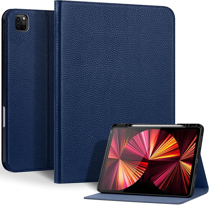 Genuine Leather Case for iPad 11th Gen 11/10th Gen 10.9 Black | Pencil Holder Adjustable Stand Auto Wake/Sleep Shockproof