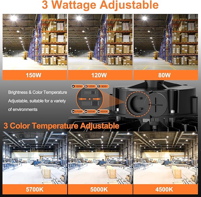 12Pack LED High Bay Lights, 150W UFO High Bay LED Shop Lights, 22500LM Adjustable CCT(5700K 5000K 4500K) & Power(150W 120W 80W), 0-10V Dimmable, 5' Cable Plug, IP65 Waterproof, ETL & DLC Listed