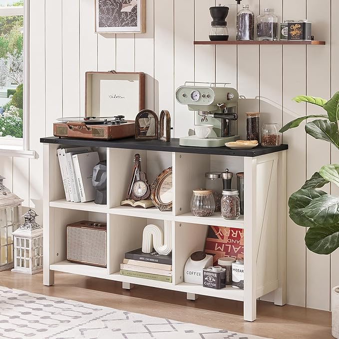 Farmhouse 6 Cube Bookshelf, Antique White & Black Wooden Storage Organizer Book Shelf, 47" Cubby Hallway Bookcase, Kids Toy Storage Cabinet, Modern Open Book Case for Living Room, Playroom