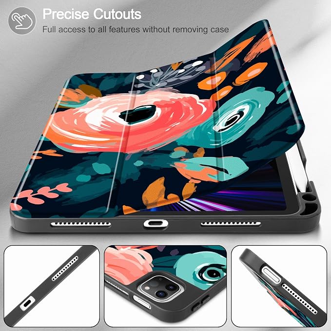 May Chen Case for iPad Pro 11 inch (4th 3rd 2nd &amp 1st Gen) 2022 2021 2020 2018 Trifold Stand + Pencil Holder + Auto Wake/Sleep + Soft TPU Protective Stand Back Cover Abstract Floral