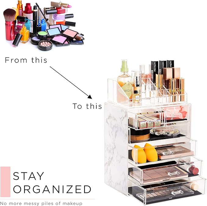 Sorbus Clear Cosmetic Makeup Organizer - Make Up & Jewelry Storage, Case & Display - Spacious Design - Great Holder for Dresser, Bathroom, Vanity & Countertop (4 Large, 2 Small Drawers - Marble Print)