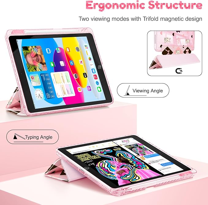 Mektron Sparkly Case for iPad 10.2 inch Glitter Tablet Cases for iPad 9th Gen 2021/8th Gen 2020/7th Gen 2019 Cover with Shiny Clear Back Shell Foldable Bling Smart Cover Blue Floral
