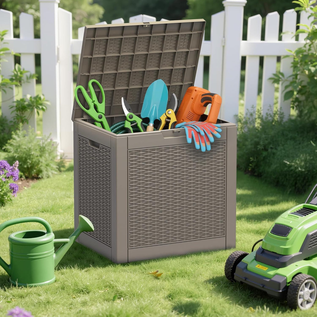 GULAIMOAO Outdoor Storage Box, 30 Gallon Deck Box with Lockable Lid, Waterproof Resin Storage Bin for Patio Furniture, Garden Tools, Cushions, Grey