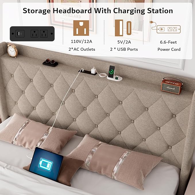 iPormis Full Size Lift Up Storage Bed Frame with Charging Station, Upholstered Platform Bed Frame with Tufted Headboard, Hydraulic Storage, No Box Spring Needed, Noise-Free, Easy Assembly, Beige