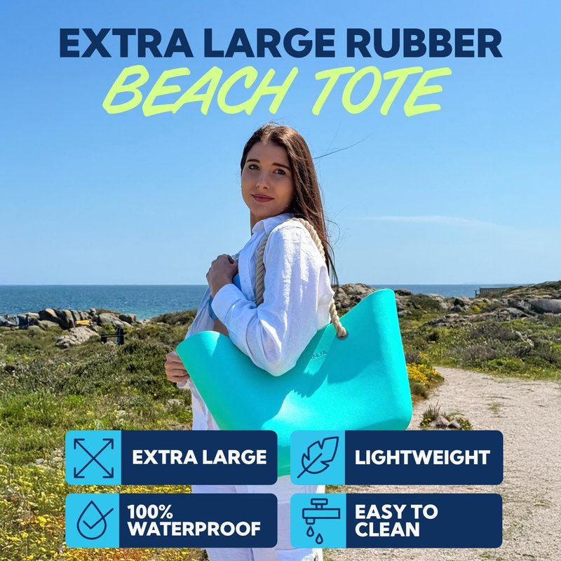 SUN NINJA Rubber Beach Bag - Extra Large Waterproof EVA Tote Bag with Comfortable Rope Handles for Beach, Boat, Pool, Outdoors & Travel - Washable, Sandproof & Anti-Skid Bottom Grip - Turquoise