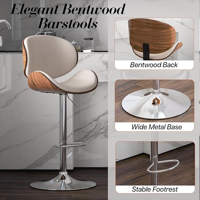 Adjustable Swivel Bar Stools Set of 2, Modern Bentwood Barstool with Large Metal Base and Footrest, PU Leather Upholstered Bar Chair with Curved Back for Kitchen Island Dining Room, White