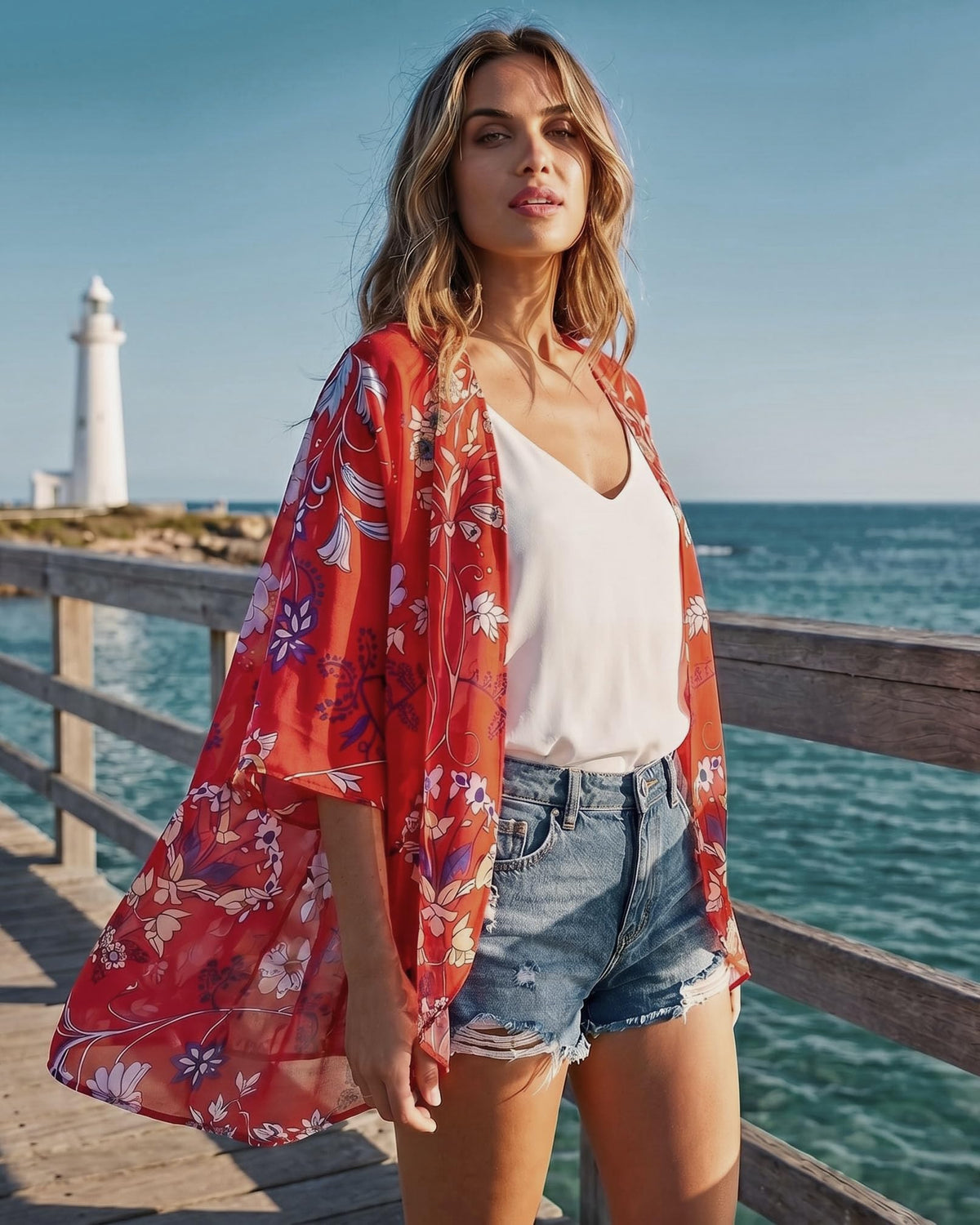 Summer Kimono Cardigan for Women Sheer Boho Tops Casual Open Front Swimwear Shirts Beach Cover ups (Boho Red,5XL)