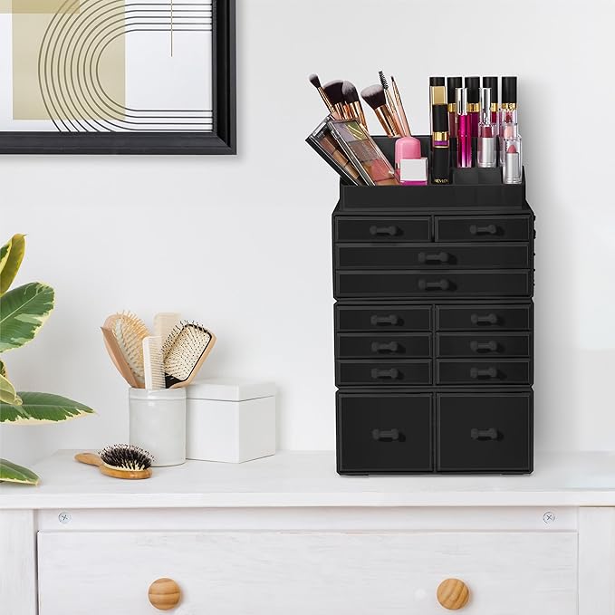 Sorbus Large Makeup Organizer - Stackable Jewelry & Makeup Organizer For Vanity, Bathroom Storage, Dresser - 12 Drawers Cosmetic Beauty Organizers and Storage with Lipstick, Makeup Brush Holder