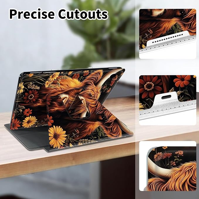 for Samsung Galaxy Tab A9 Plus Case 11 Inch 2024 2023 (SM-X210/X216/X218)360 Degree Rotating Smart Cover Case with Auto Sleep/Wake-Beautiful Highland Cow