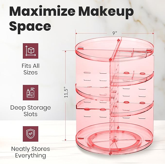 360 Rotating Makeup Organizer - Adjustable Shelf Height and Fully Rotatable - The Perfect Round Spinning Cosmetic Organizer for Bedroom Dresser or Vanity Countertop Storage (Pink)