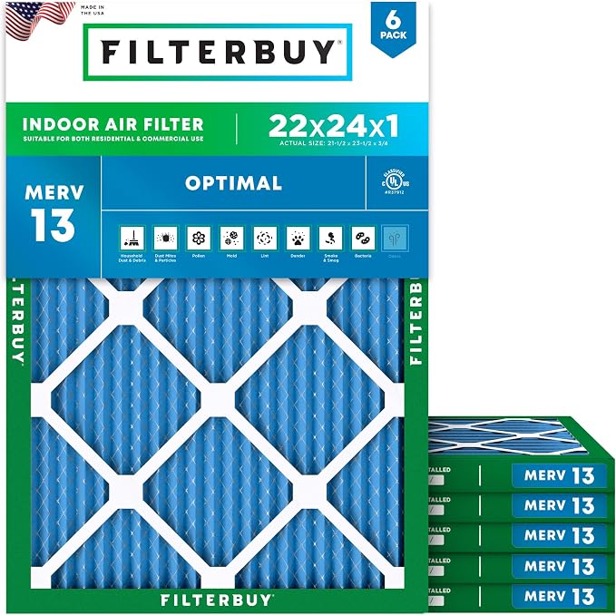 Filterbuy 22x24x1 Air Filter MERV 13 Optimal Smoke & Allergy Defense,