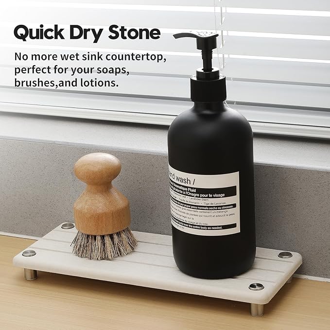Quick Dry Bathroom Tray & Kitchen Sink Organizer, Water Absorbing Countertop Sponge Holder Soap Dish, Diatomaceous Earth Stone Vanity Dispenser Toothbrush Bottle, Gray Beige, 10" x 4"