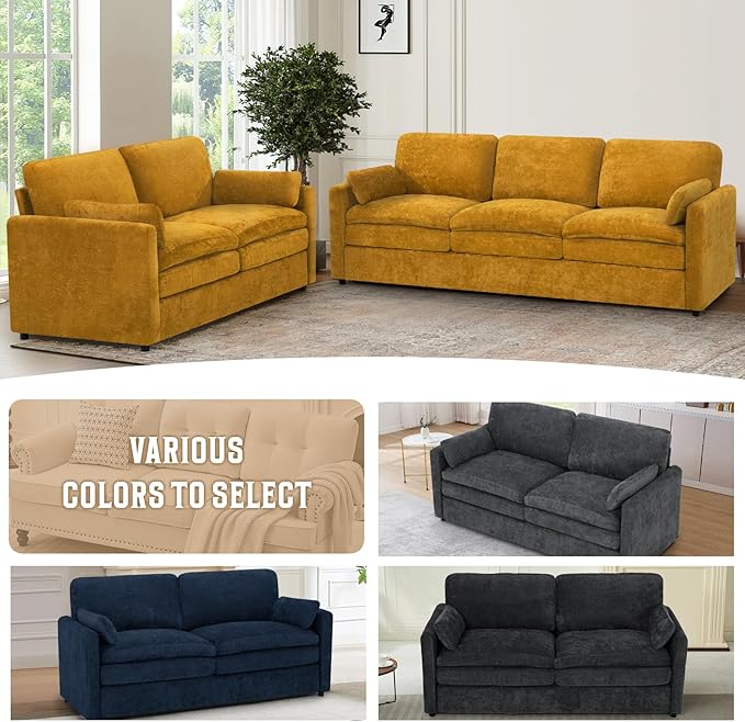69" Chenille 2 Seats Sofa with 2 Pillows, Modern Upholstered Sofa with Deeper Seats, Comfy Sofa with Thickened Cushions for Living Room, Apartment, Yellow
