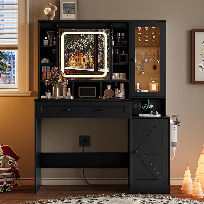 Black Vanity Desk with Mirror and Lights, Farmhouse Makeup Vanity Desk with Lighted Mirror & Power Outlet, RGB Glass Cabinet, Makeup Dressing Table with 3 Lighting Modes for Bedroom