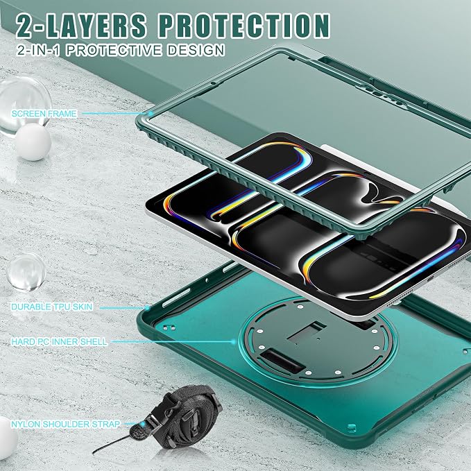 ZenRich Clear Case for iPad Pro 11-inch M5 2025 / M4 2024 LightBlue | Screen Protector Pencil Holder 360°Rotating Kickstand Carrying Strap Shockproof Protective Rugged