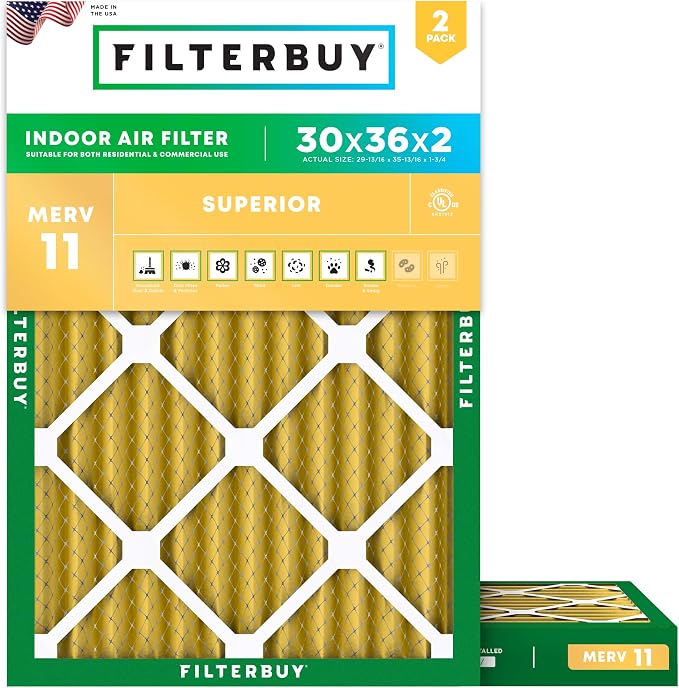 Filterbuy 30x36x2 Air Filter MERV 11 Superior Pet & Allergy Defense,