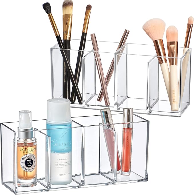 Amazing Abby - Glamour - 2-Pack Acrylic 4-Compartment Makeup Organizer, Transparent Plastic Makeup Brush Holder, Perfect Bathroom Vanity Storage Solution for Makeup Brushes, Eyebrow Pencils, and More