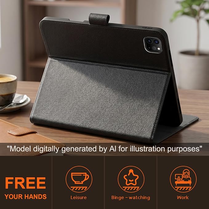 Leather Case for iPad 11th/10th Gen (11/10.9) Black | Genuine Leather Pencil Holder Adjustable Stand Magnetic Closure Auto Wake/Sleep
