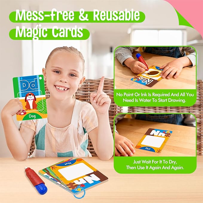36 PCS Alphabet & Number Water Cards, Double-Sided Drawing Card- Letters ABC, Numbers 123, First Words, Early Learning Tool for Kids (2 Water Pens Included)