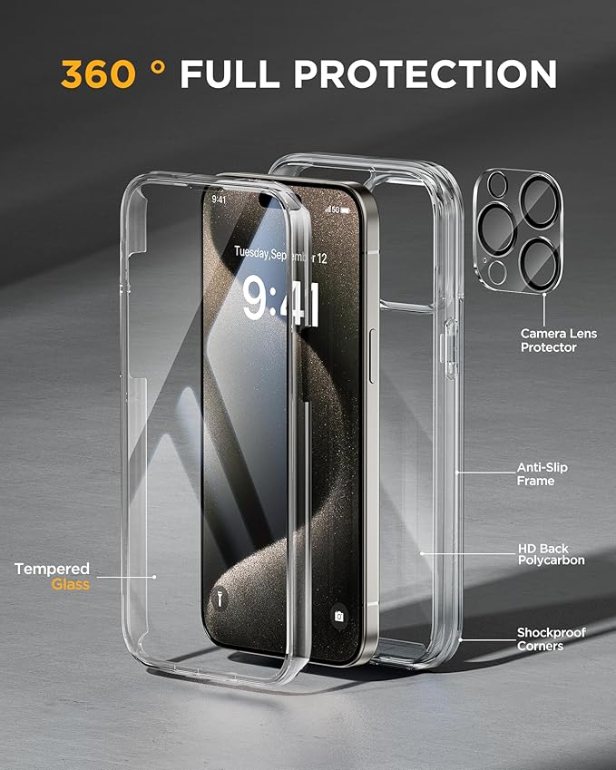 Miracase for iPhone 15 Pro Case, Full-Body Clear Bumper Phone case with Built-in Glass Screen Protector& Camera Protector, Military Drop Proof 15 Pro Case Cover 6.1 inch,Clear