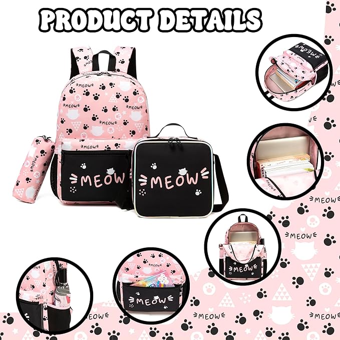 Backpack for School Kids Backpacks for Girls Bookbag Set Backpacks for Teen Girls with Lunch Box Pink Cat Preppy Backpack for School
