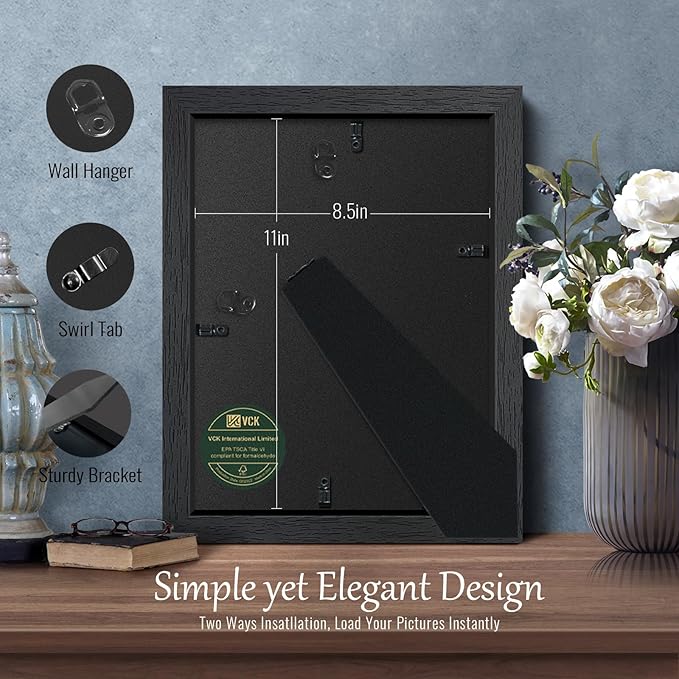 VCK 8.5x11 Certificate Frame, Black Wood 8 1/2 x 11 Picture Diploma Document Frames for Wall and Tabletop, 1 Pack