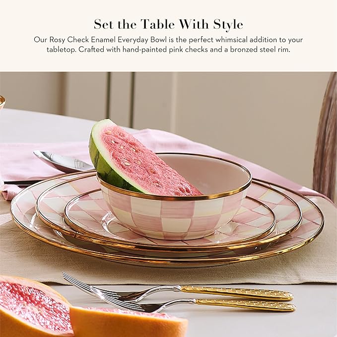 MACKENZIE-CHILDS Enamel Everyday Bowl, Serving Bowl for Entertaining, Extra-Small, Pink-and-White Rosy Check, Set of 1