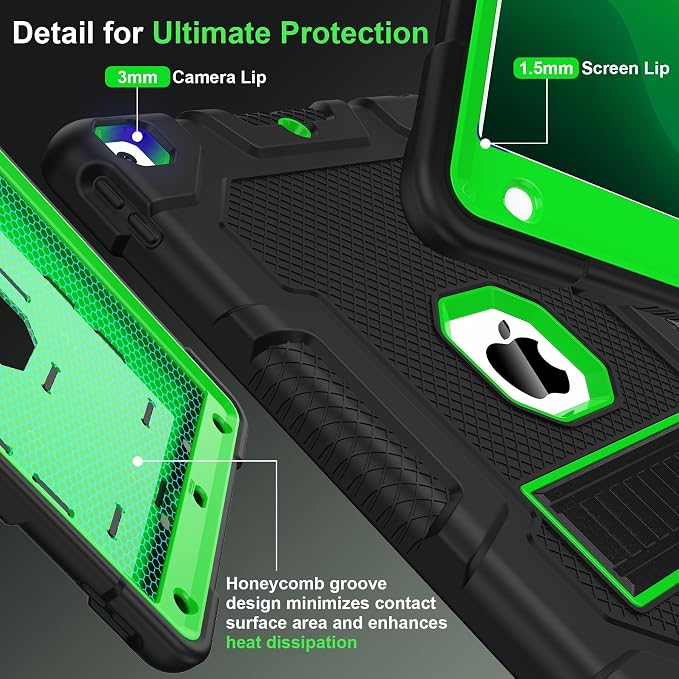 TIMISM Case for iPad 9th/8th/7th Generation(2021/2020/2019) Heavy Duty Military Grade Shockproof Rugged Protective 10.2 Cover with Built-in Stand for iPad 9 8 7 Gen Black+Green