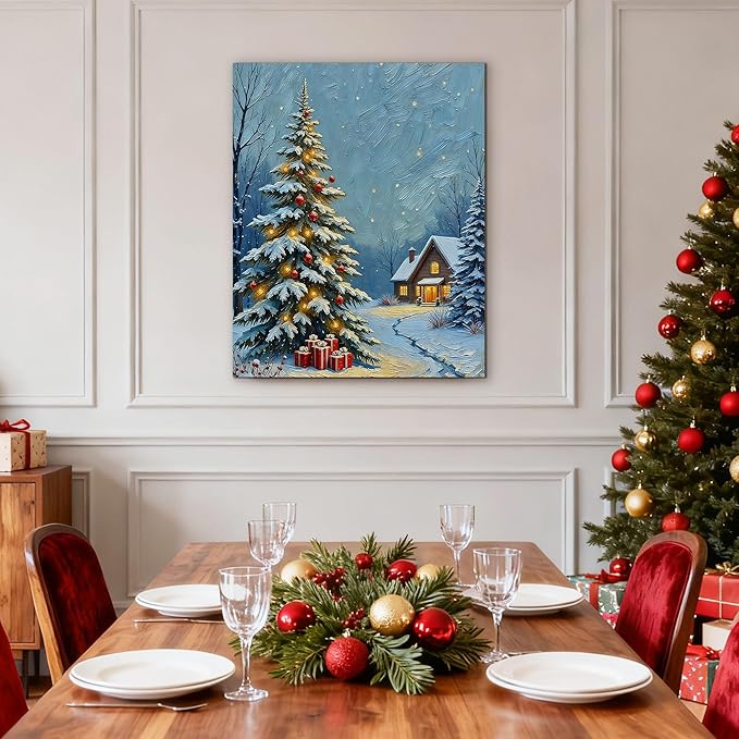 Framed Christmas Pictures Wall Decor,Vintage Pine Tree Prints,Winter Christmas Canvas Wall Art Decoration for Bedroom Bathroom Living Room Rustic Xmas Holiday Gifts (Christmas Tree 20, 16'' X 20'')