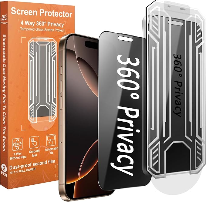 360° 4 Way Privacy Screen Protector for iPhone 16 Pro Max [2 Pack] Anti-Spy Tempered Glass 9H Hardness Shatterproof 3D Curved Edges Case-Friendly Bubble-Free Easy Installation