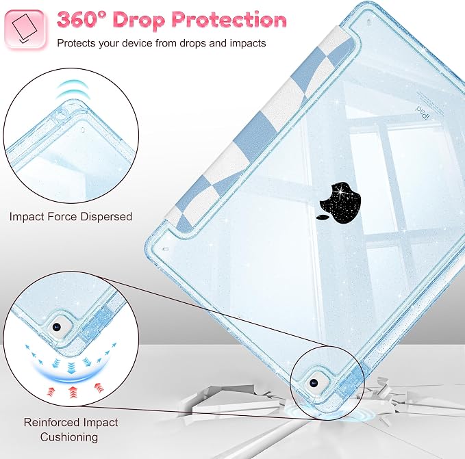 Case for iPad 9th/ 8th/ 7th Generation 10.2-Inch Case(2021/2020/2019 Release) Glitter Tablet Cases with Transparent Acrylic Back+Trifold Stand+Pencil Holder+Auto Wake/Sleep Bows-Stripe