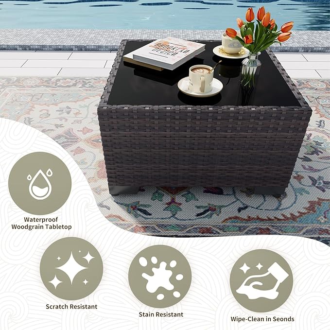 Gotland 15 Pieces Patio Furniture Set with Fire Pit Table, All Weather Rattan Outdoor Furniture with 29.5'' High Backrest 4’’ Thick Cushions Coffee Table, Patio Set for Porch, Deck, Backyard, Khaki