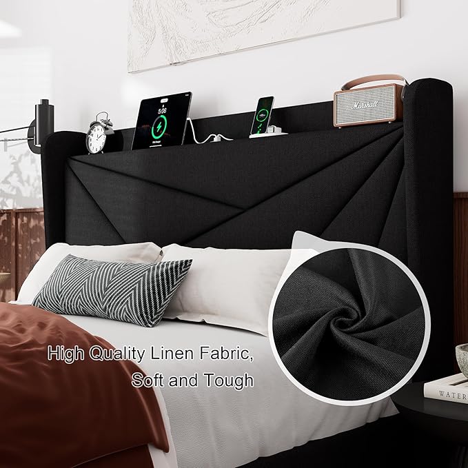 Feonase Queen Size Bed Frame with Charging Station, Linen Upholstered Platform Bed Frame with Wingback Storage Headboard, Solid Wood Slats Support, No Box Spring Needed, Noise Free, Black