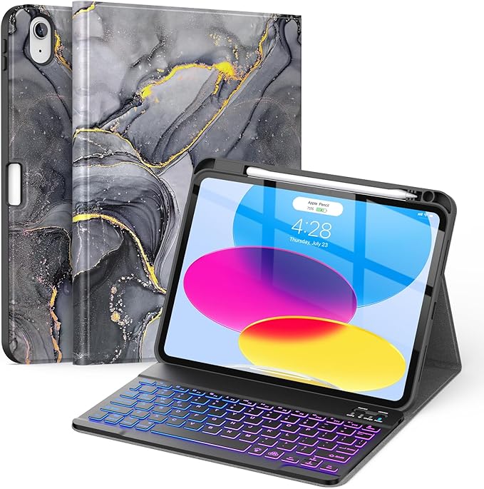 Soke for iPad (A16) 11th/10th Gen Case with Keyboard Black Marble | For iPad 11/10.9 inch(2025/2022) 7 Color Backlight Magnetic wireless Detachable Keyboard Case Built-in Pencil Holder