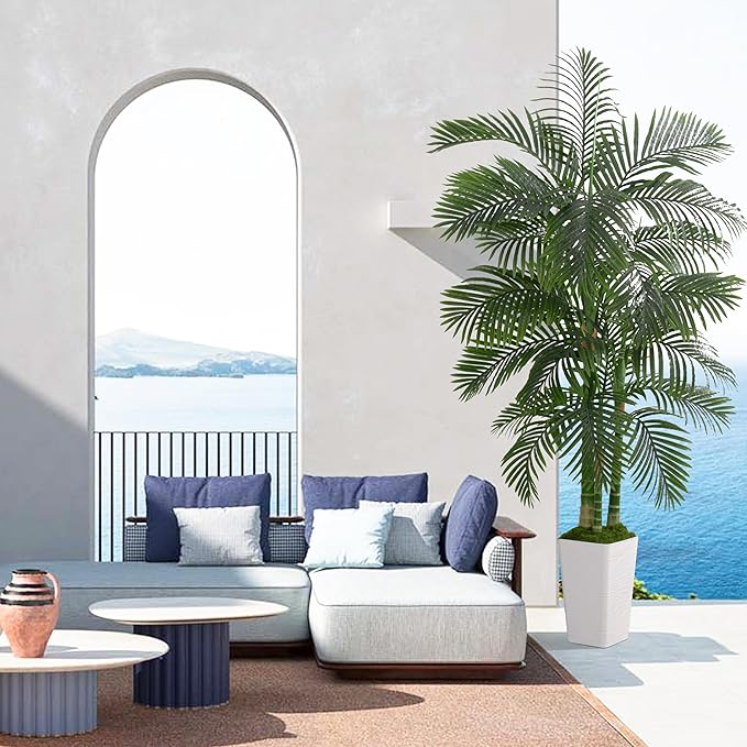 Artificial Palm Tree Indoor Plant 6FT Tall Fake Tropical Palm Tree in Pot with Real Bark Design Faux Areca Palm Tree for Home Office Living Room Bedroom Farmhouse Modern Outdoor Decor (22 leaves 6 FT)