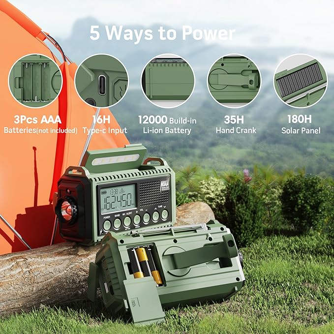 12000 Emergency Radio, NOAA Weather Radio with AM/FM/NOAA/SW,SOS Battery Operated Radio,5 Way Powered Emergency Hand Crank with USB Charger, Flashlight, Reading Lamp, Headphone Jack for Outdoor